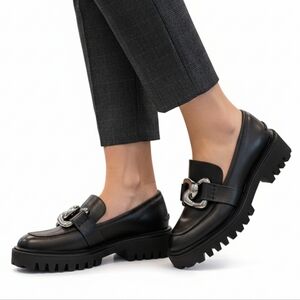 NWOT Elegant Black Loafers with Chain Detail